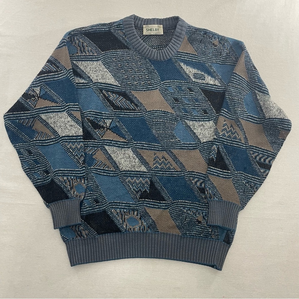 Shelby Vintage Fair Isle Aztec Jumper Men 2XL Blue Brown Knit Made In Canada 90
